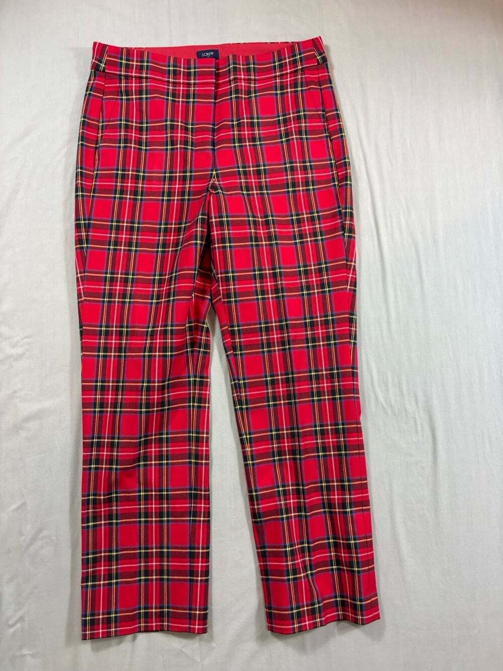 J Crew Womens Zipper Fly High Rise  Plaid Pants Red Multi Cotton Size 8 32x25.5